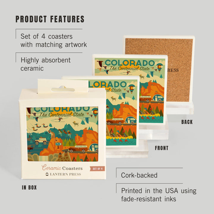 Colorado, The Centennial State, Geometric, Lantern Press Artwork, Coaster Set - Lantern Press