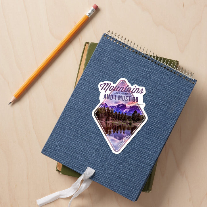 Colorado, The Mountains Are Calling, John Muir, Sunset and Lake, Contour, Vinyl Sticker - Lantern Press