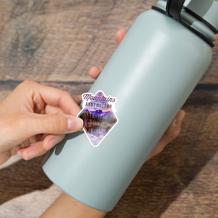 Colorado, The Mountains Are Calling, John Muir, Sunset and Lake, Contour, Vinyl Sticker - Lantern Press