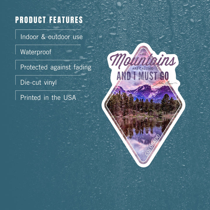 Colorado, The Mountains Are Calling, John Muir, Sunset and Lake, Contour, Vinyl Sticker - Lantern Press
