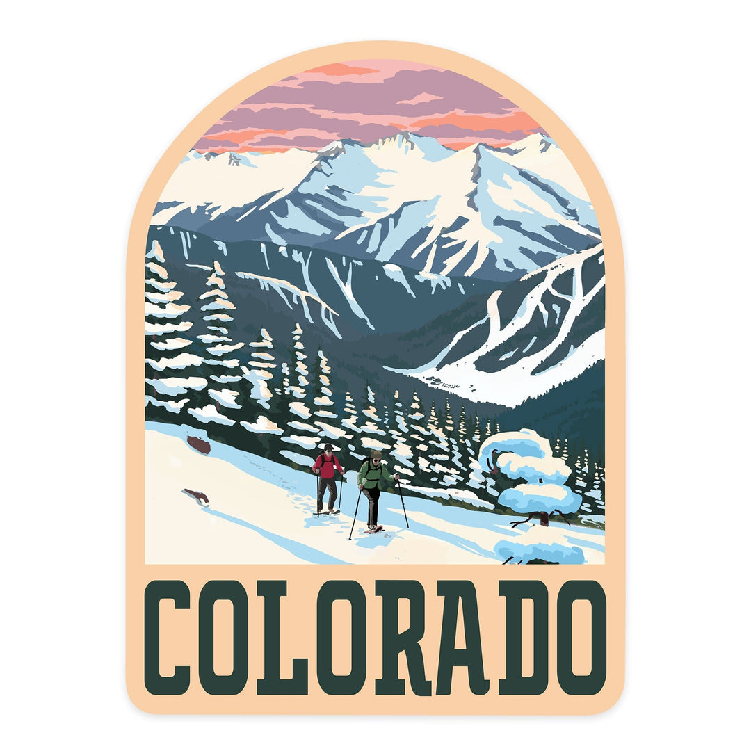 Colorado, Winter Snowshoers, Contour, Vinyl Sticker - Lantern Press