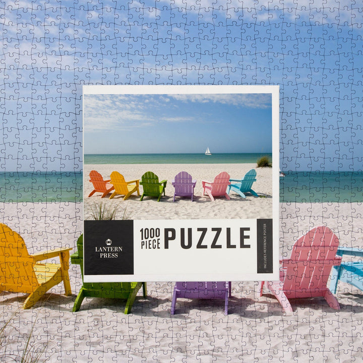 Colorful Beach Chairs, Jigsaw Puzzle Puzzle Lantern Press 