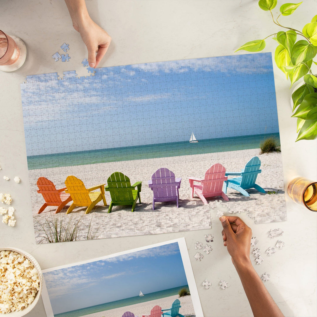 Colorful Beach Chairs, Jigsaw Puzzle Puzzle Lantern Press 