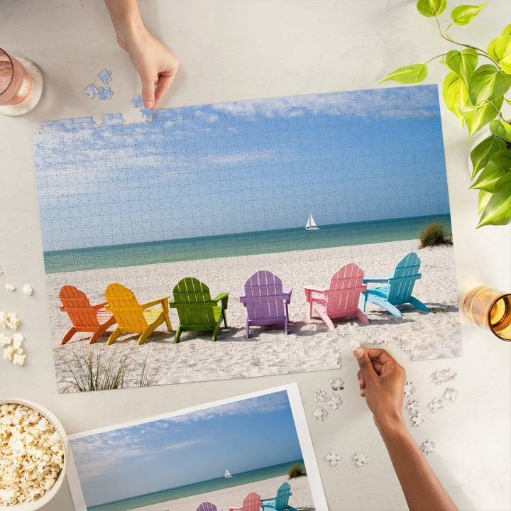 Colorful Beach Chairs, Jigsaw Puzzle Puzzle Lantern Press 