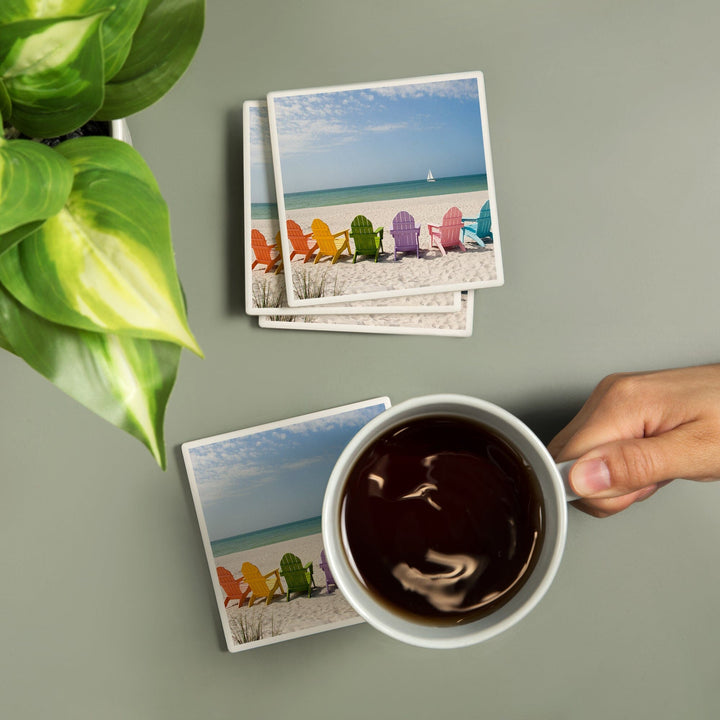 Colorful Beach Chairs, Lantern Press Photography, Coaster Set - Lantern Press