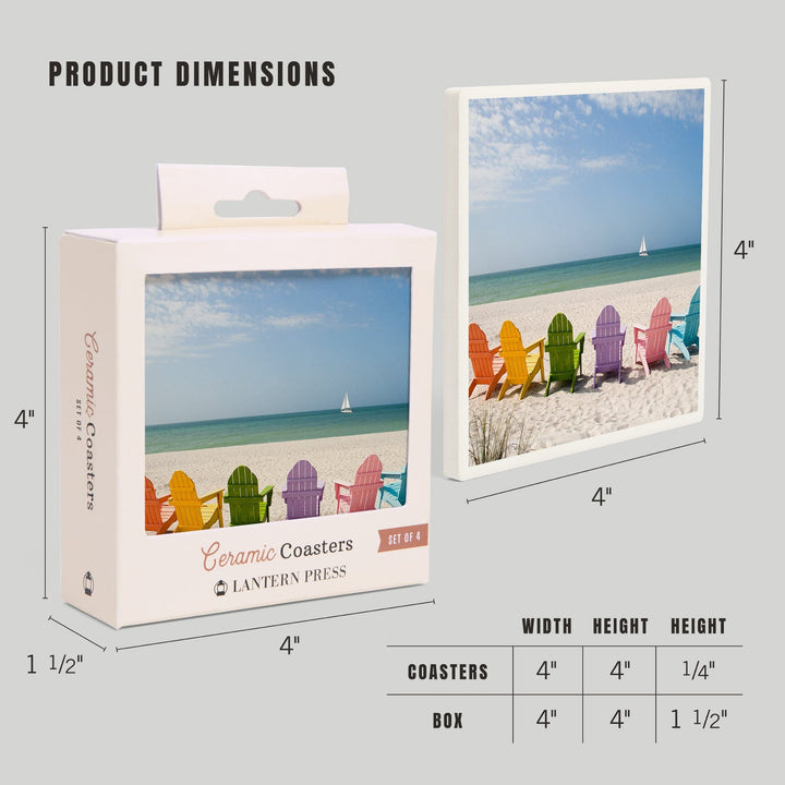 Colorful Beach Chairs, Lantern Press Photography, Coaster Set - Lantern Press