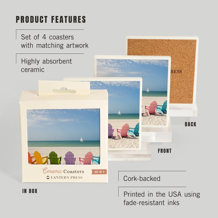 Colorful Beach Chairs, Lantern Press Photography, Coaster Set - Lantern Press