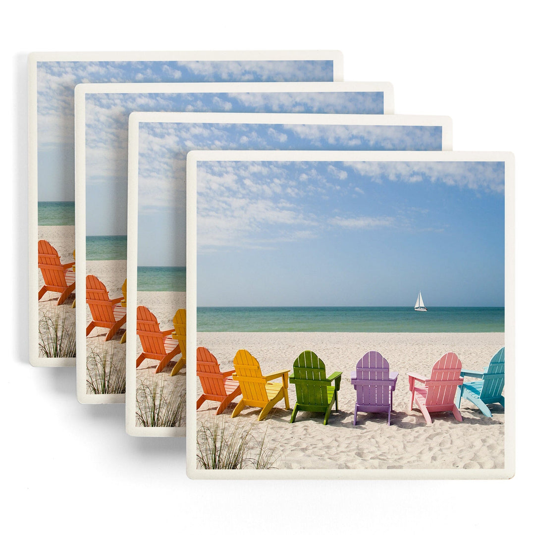 Colorful Beach Chairs, Lantern Press Photography, Coaster Set - Lantern Press