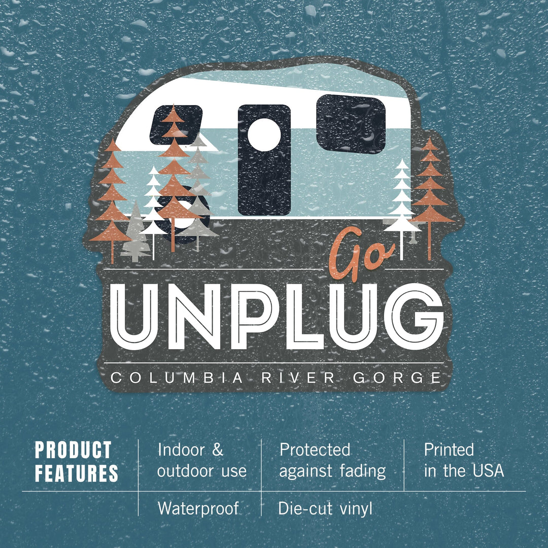 Columbia River Gorge, Oregon and Washington, Go Unplug (Camper), Contour, Vinyl Sticker - Lantern Press