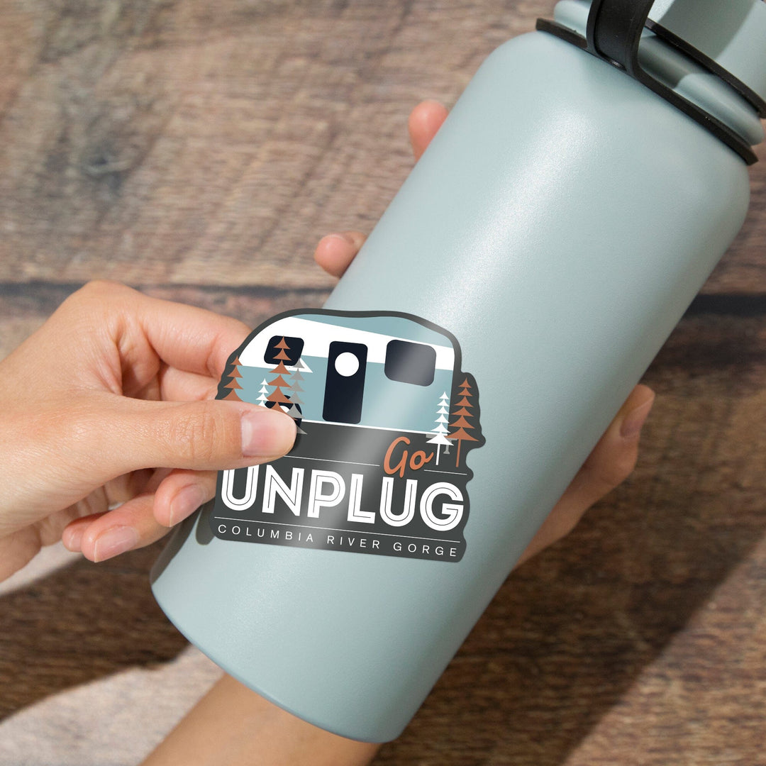 Columbia River Gorge, Oregon and Washington, Go Unplug (Camper), Contour, Vinyl Sticker - Lantern Press