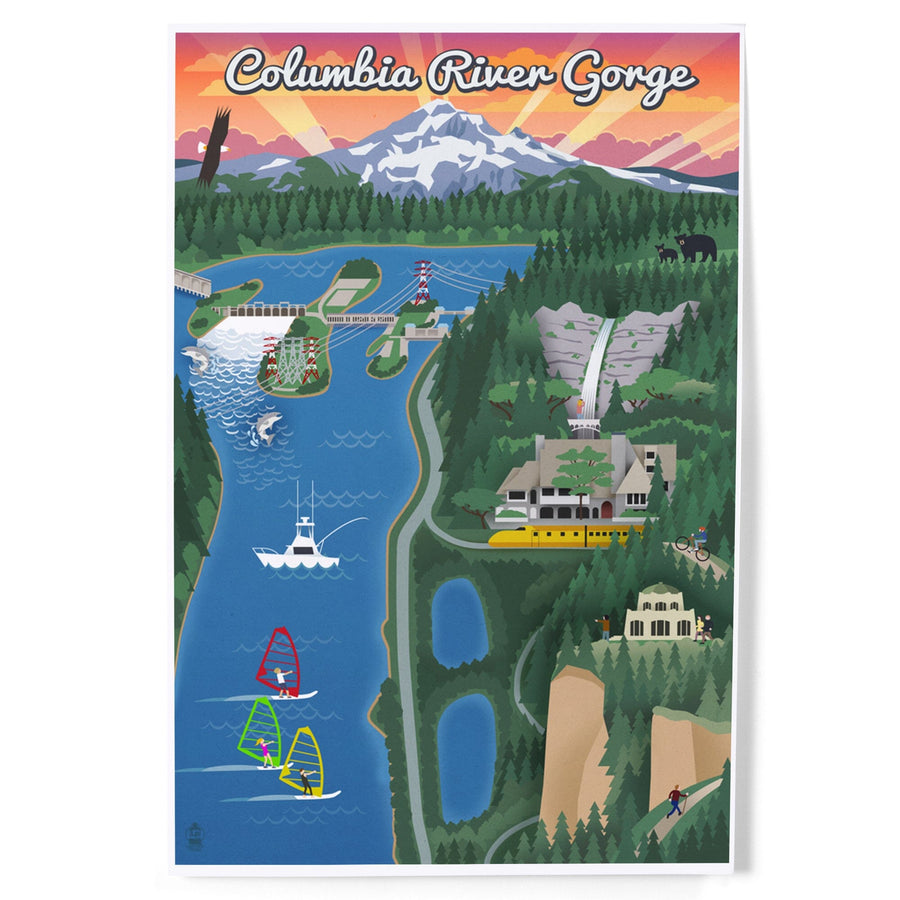 Columbia River Gorge, Oregon, Retro Scene, Art & Giclee Prints Art Lantern Press 