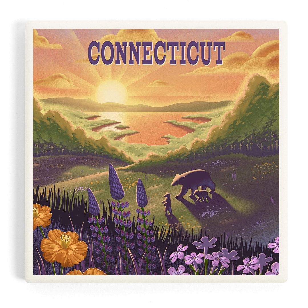 Connecticut, Lithograph, Bear and Spring Flowers, Lake, Coasters Coasters Lantern Press 