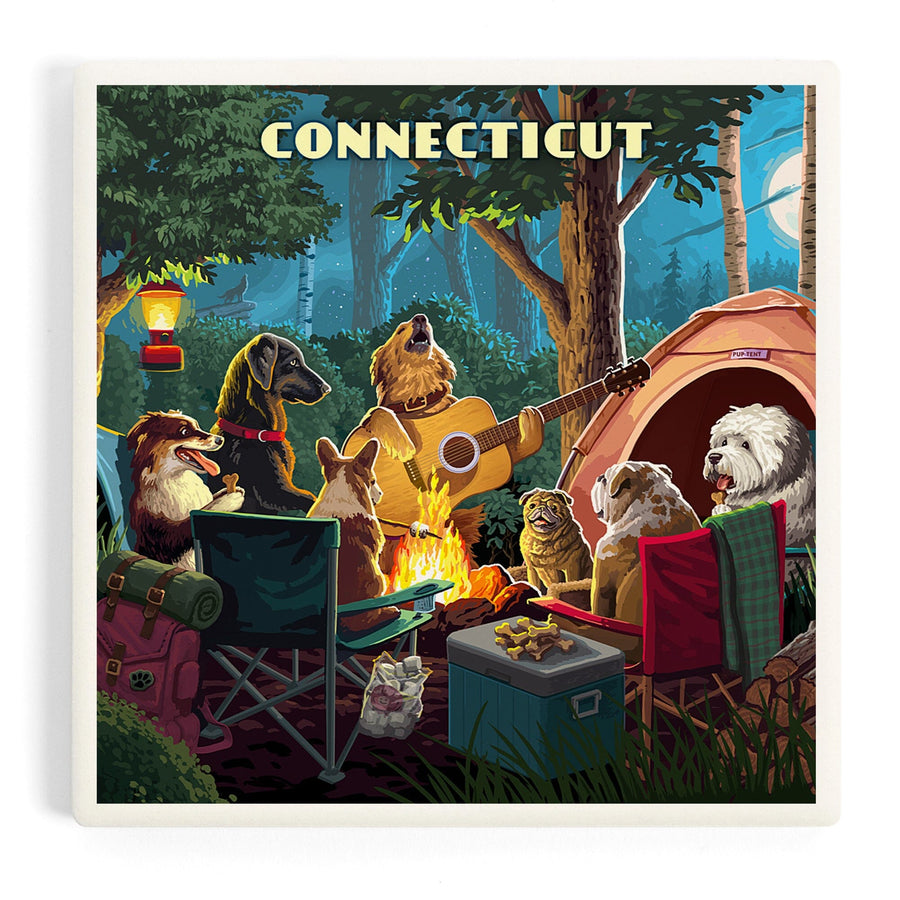 Connecticut, Painterly, Pack Life, Dogs Around Campfire, Coasters Coasters Lantern Press 