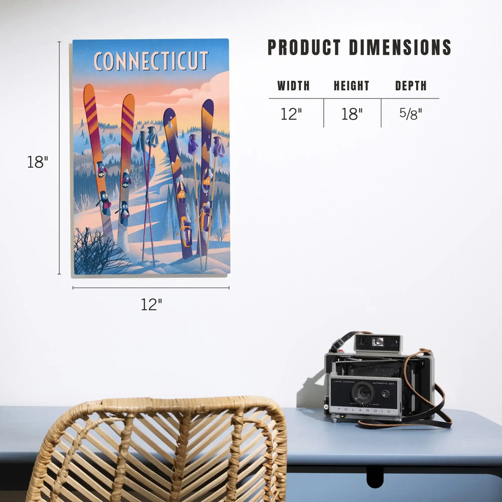 Connecticut, Prepare for Takeoff, Skis in Snowbank, Wood Signs and Postcards Wood Lantern Press 