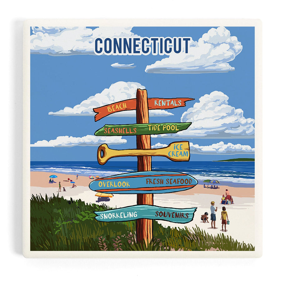 Connecticut, Signpost, Coast Beach with Umbrellas, Coasters Coasters Lantern Press 