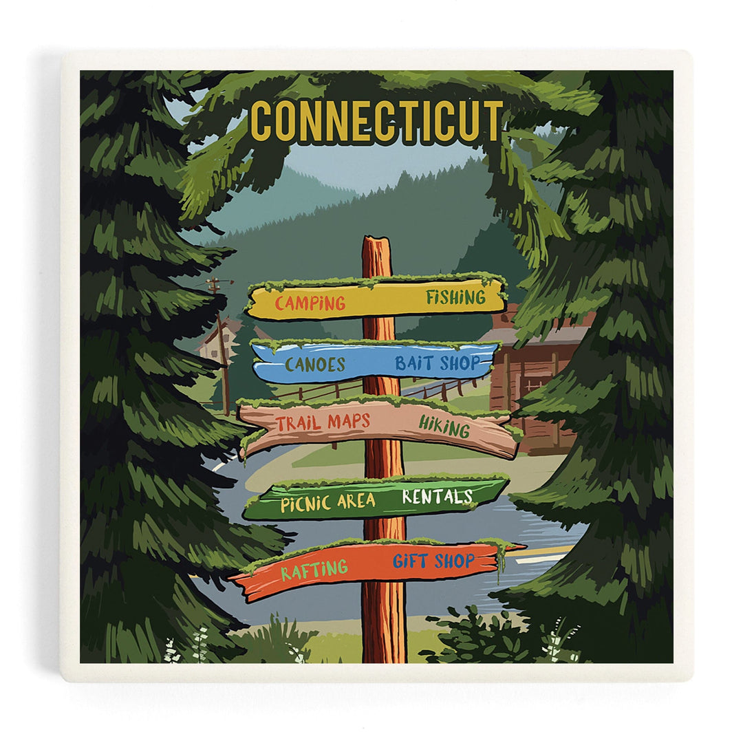 Connecticut, Signpost, Forest and Camp, Coasters Coasters Lantern Press Coaster 