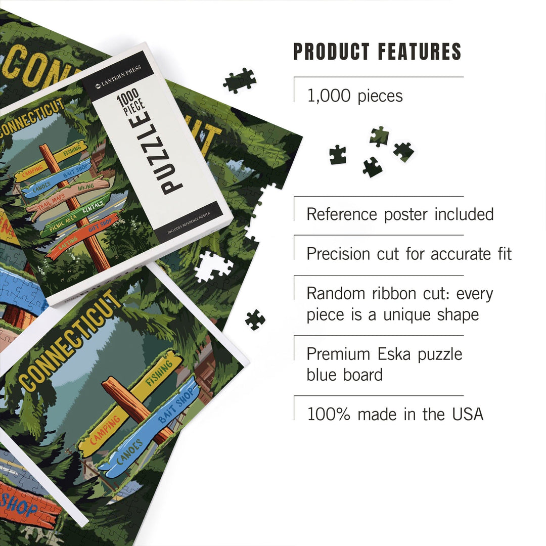 Connecticut, Signpost, Forest and Camp, Jigsaw Puzzle Puzzle Lantern Press 