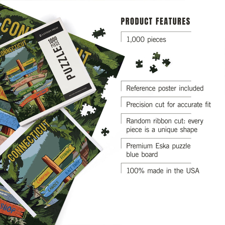 Connecticut, Signpost, Forest and Camp, Jigsaw Puzzle Puzzle Lantern Press 