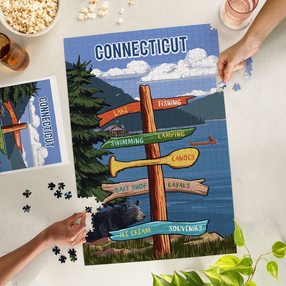 Connecticut, Signpost, Lake and Bear, Jigsaw Puzzle Puzzle Lantern Press 