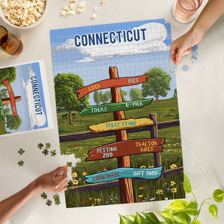 Connecticut, Signpost, Orchard, Jigsaw Puzzle Puzzle Lantern Press 
