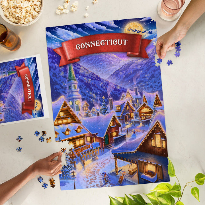 Connecticut, Sleepy Winter Village, Jigsaw Puzzle Puzzle Lantern Press 