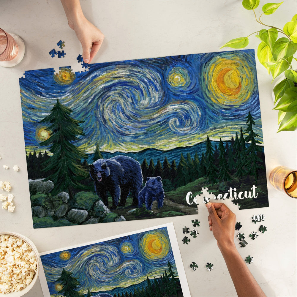 Connecticut, Starry Night, Bear and Cub, Jigsaw Puzzle Puzzle Lantern Press 