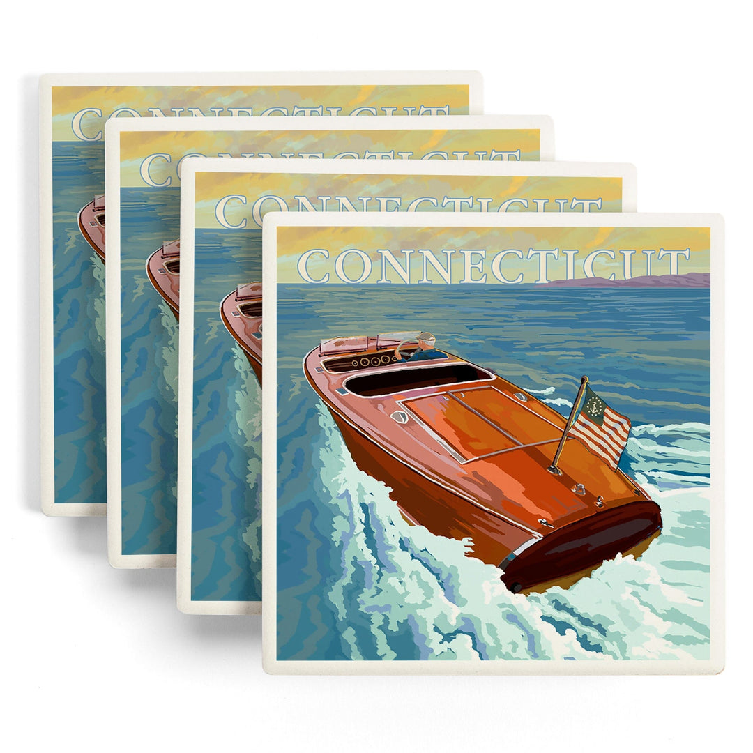 Connecticut, Wooden Boat, Lantern Press Artwork, Coaster Set - Lantern Press