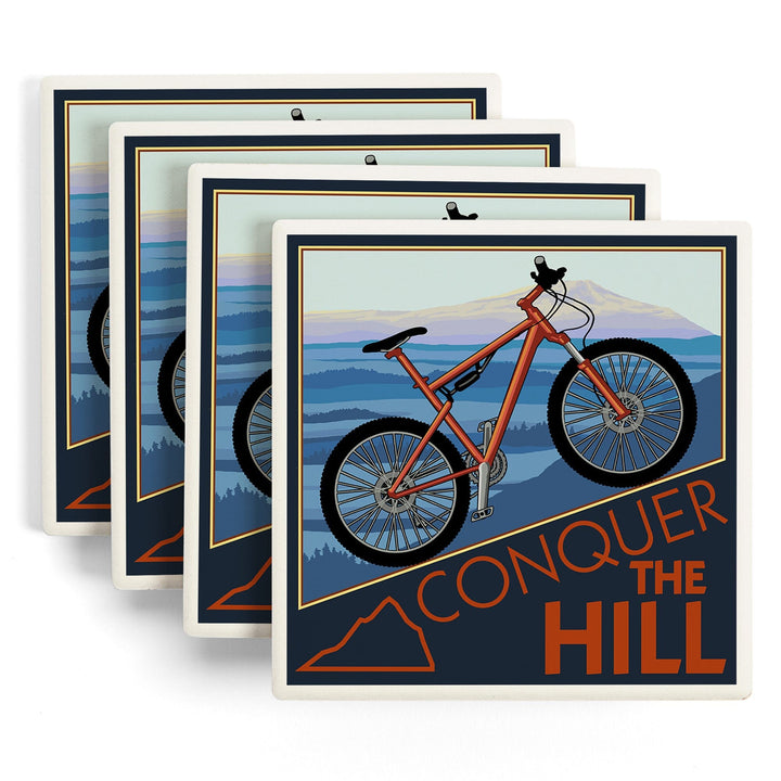 Conquer the Hill, Mountain Bike, Lantern Press Artwork, Coaster Set - Lantern Press