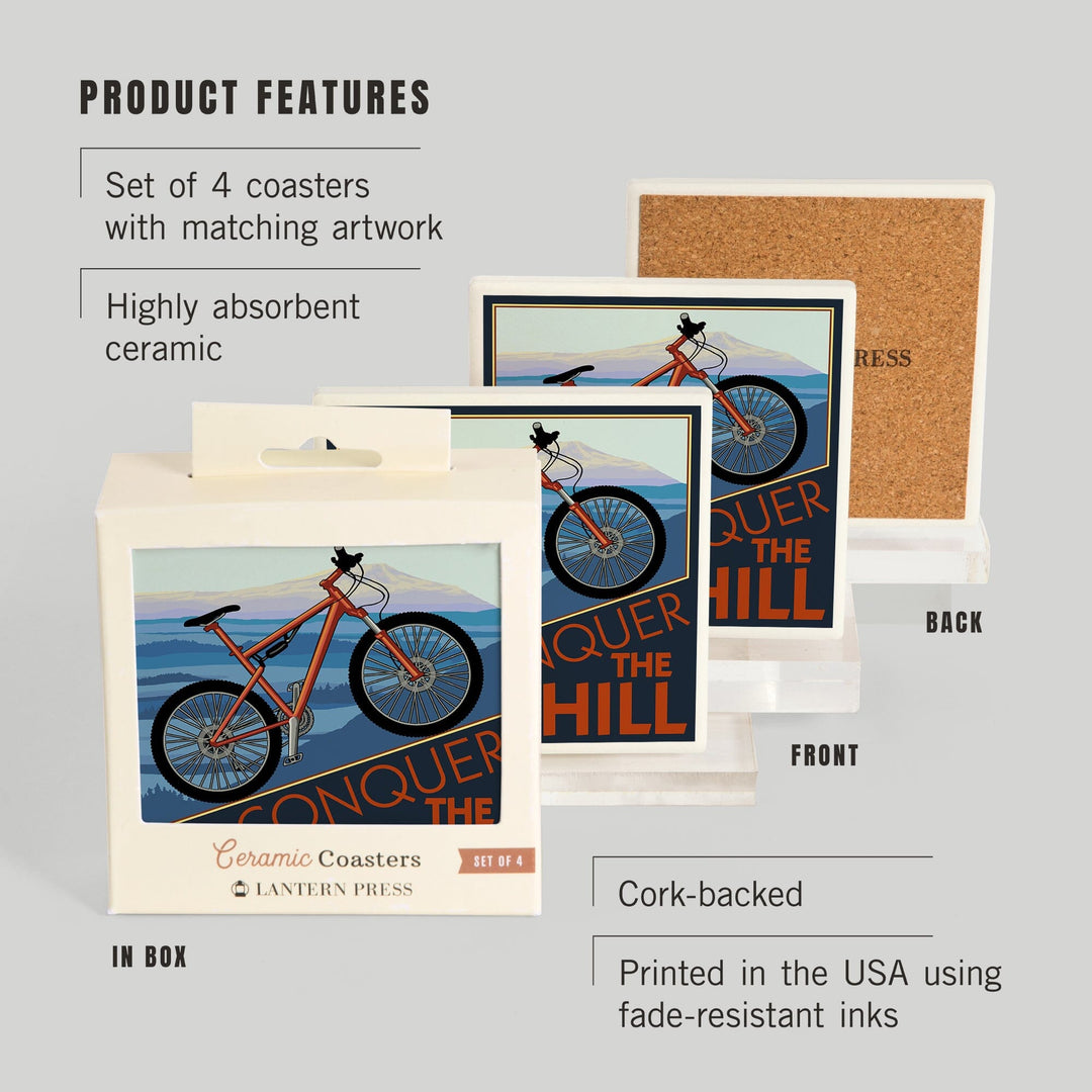 Conquer the Hill, Mountain Bike, Lantern Press Artwork, Coaster Set - Lantern Press