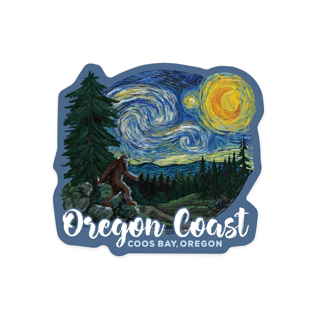 Coos Bay, Oregon, Bigfoot, Starry Night, Contour, Vinyl Sticker - Lantern Press