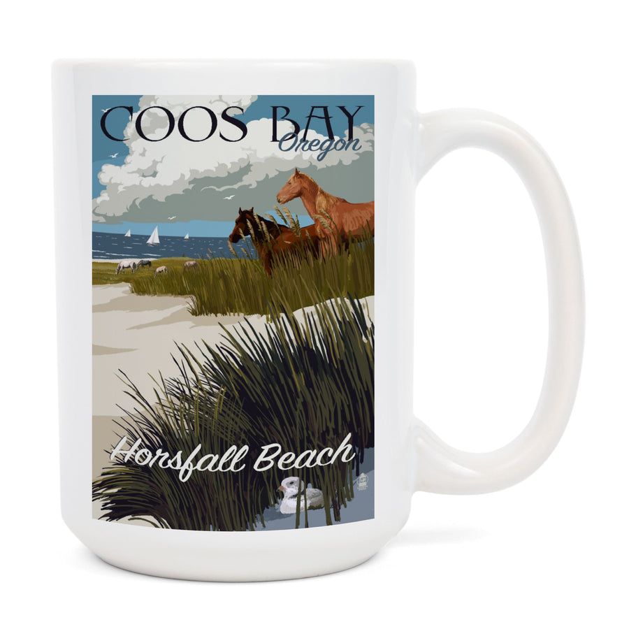 Coos Bay, Oregon, Horses and Dunes, Lantern Press Artwork, Ceramic Mug - Lantern Press