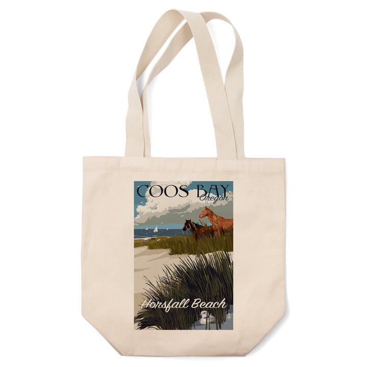Coos Bay, Oregon, Horses and Dunes, Lantern Press Artwork, Tote Bag Totes Lantern Press 