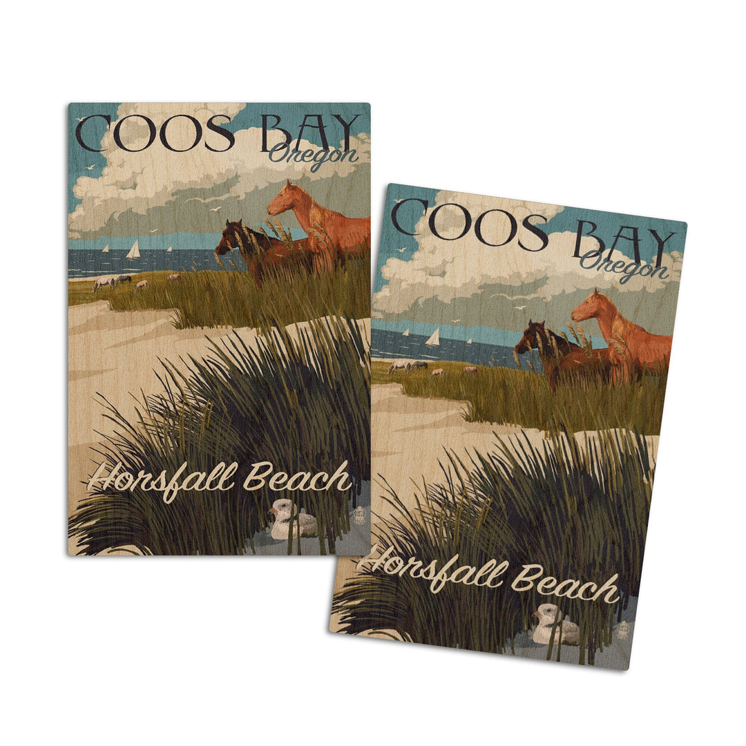 Coos Bay, Oregon, Horses and Dunes, Lantern Press Artwork, Wood Signs and Postcards Wood Lantern Press 4x6 Wood Postcard Set 