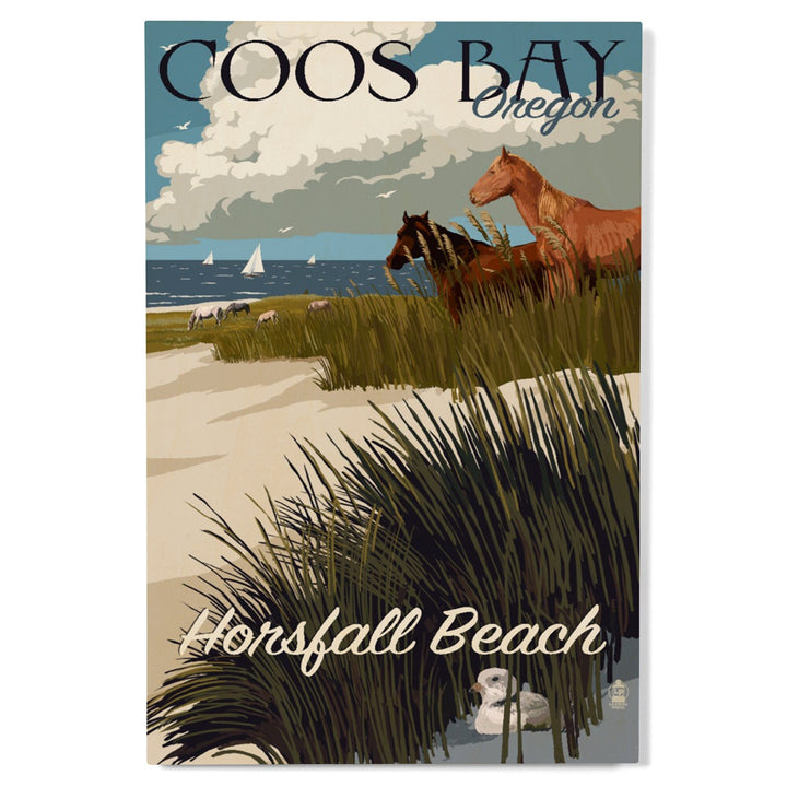 Coos Bay, Oregon, Horses and Dunes, Lantern Press Artwork, Wood Signs and Postcards Wood Lantern Press 
