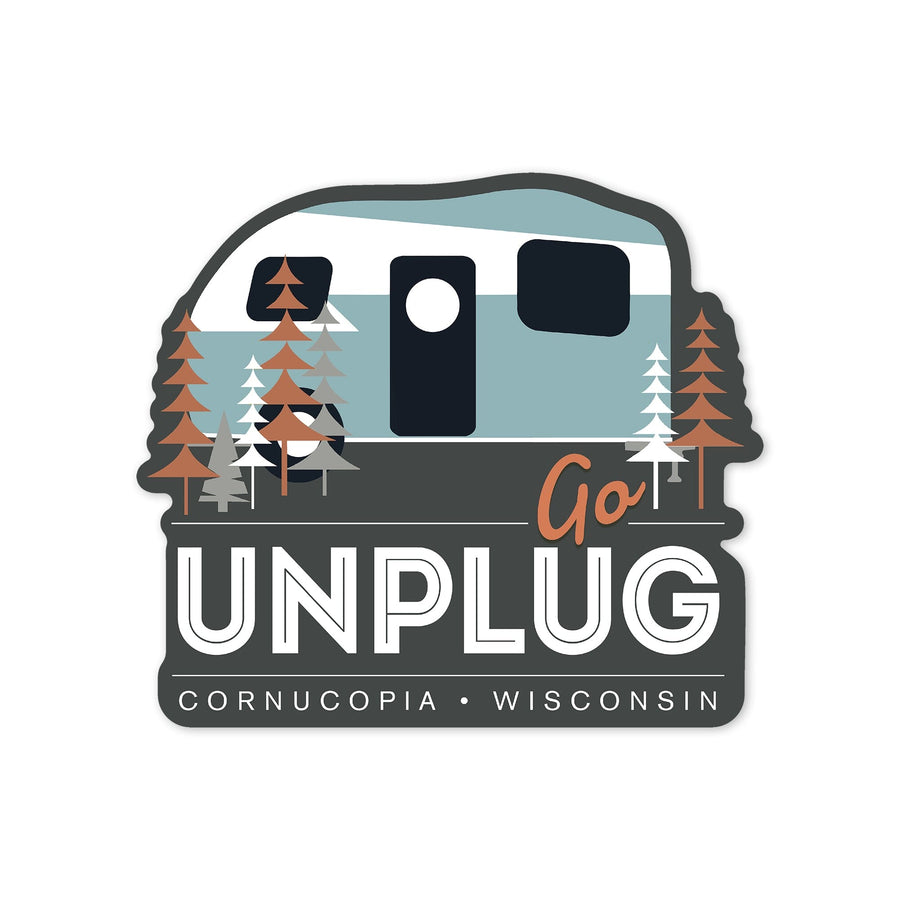 Cornucopia, Wisconsin, Go Unplug (Camper), Contour, Lantern Press Artwork, Vinyl Sticker Sticker Lantern Press 