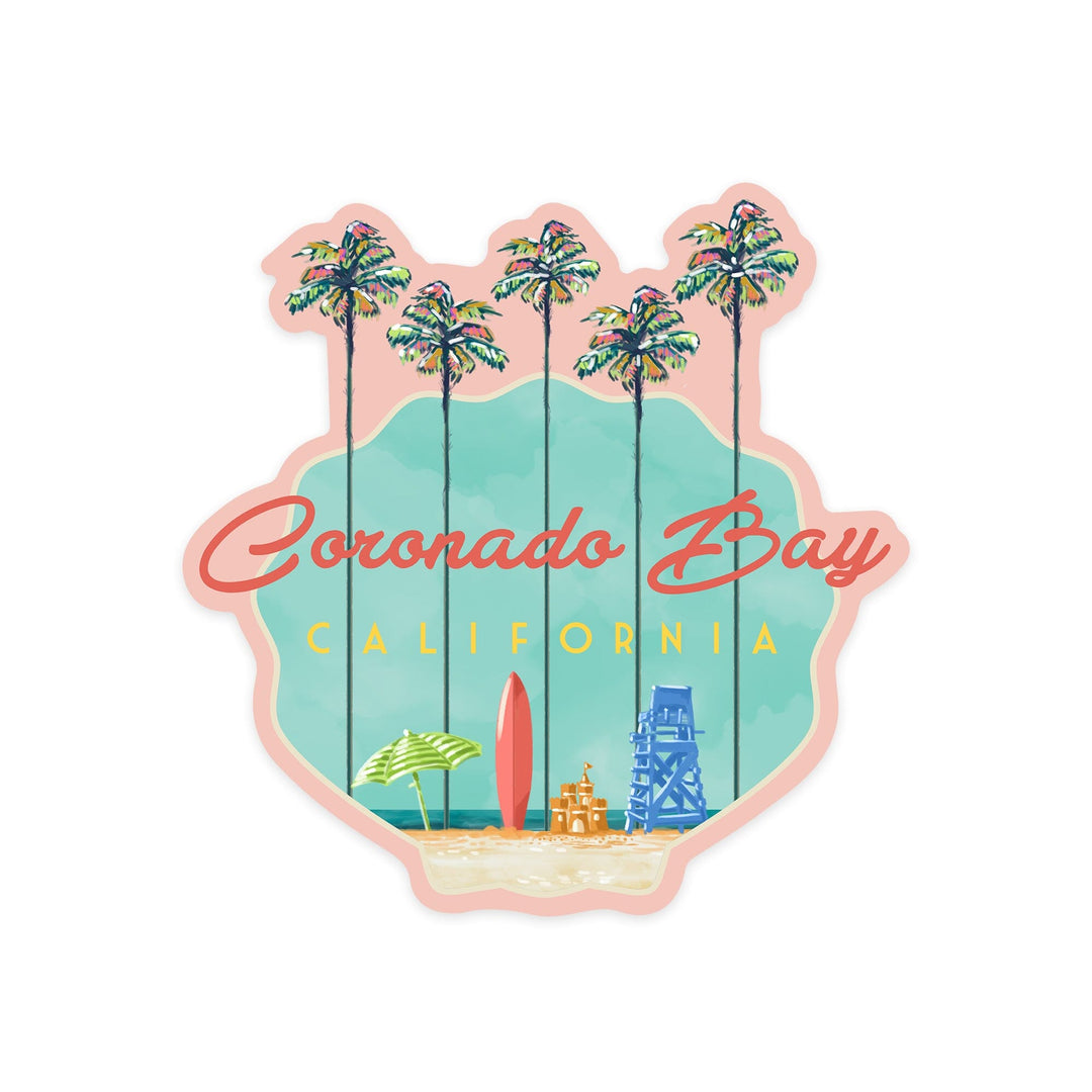 Coronado Bay, California, Tall Palms Beach Scene, Shell, Contour, Lantern Press Artwork, Vinyl Sticker - Lantern Press