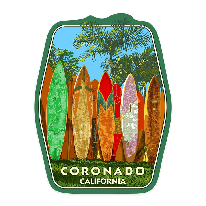 Coronado, California, Surfboard Fence, Contour, Vinyl Sticker Sticker Lantern Press 