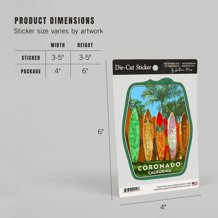 Coronado, California, Surfboard Fence, Contour, Vinyl Sticker Sticker Lantern Press 