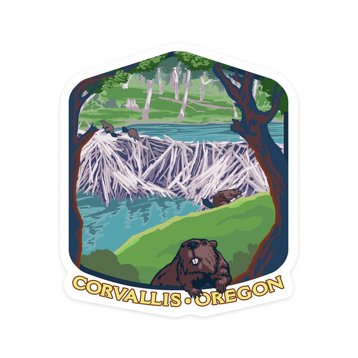 Corvallis, Oregon, Beaver Family, Spring, Contour, Vinyl Sticker Sticker Lantern Press 