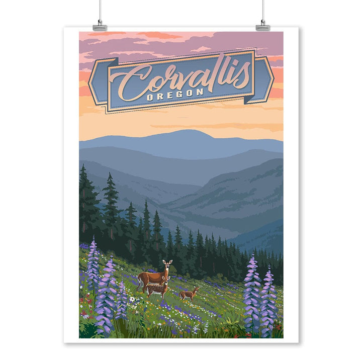 Corvallis, Oregon, Deer and Spring Flowers, Art & Giclee Prints - Lantern Press