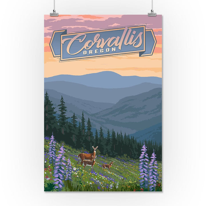 Corvallis, Oregon, Deer and Spring Flowers, Art & Giclee Prints Art Lantern Press 36 x 54 Giclee Print 