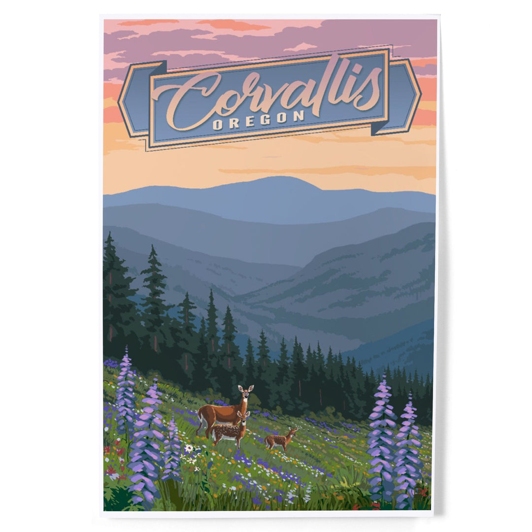 Corvallis, Oregon, Deer and Spring Flowers, Art & Giclee Prints - Lantern Press