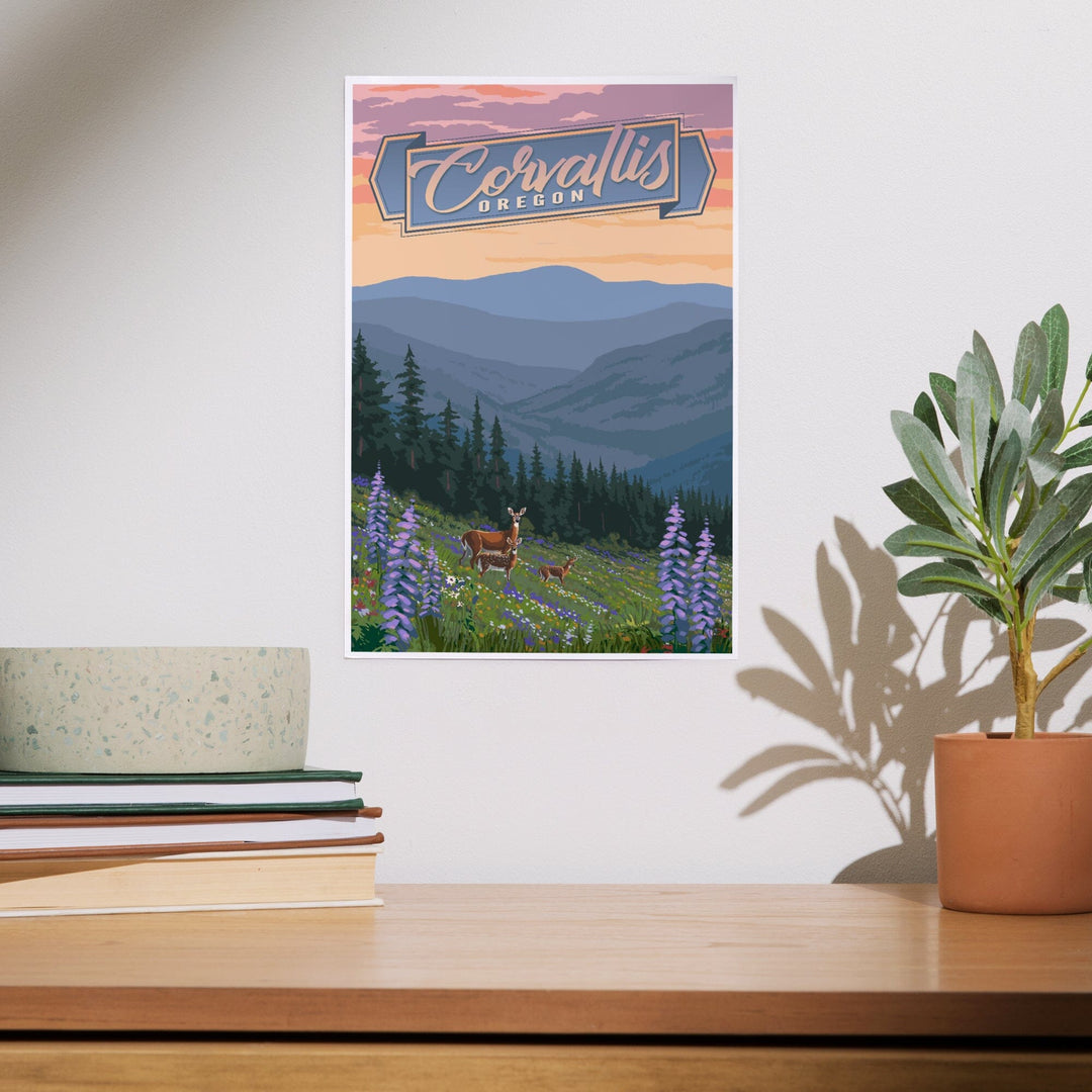 Corvallis, Oregon, Deer and Spring Flowers, Art & Giclee Prints - Lantern Press