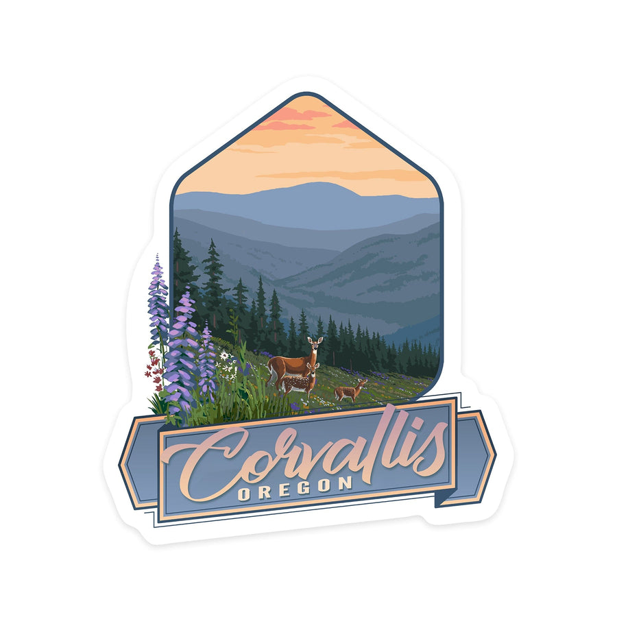 Corvallis, Oregon, Deer and Spring Flowers, Contour, Vinyl Sticker - Lantern Press