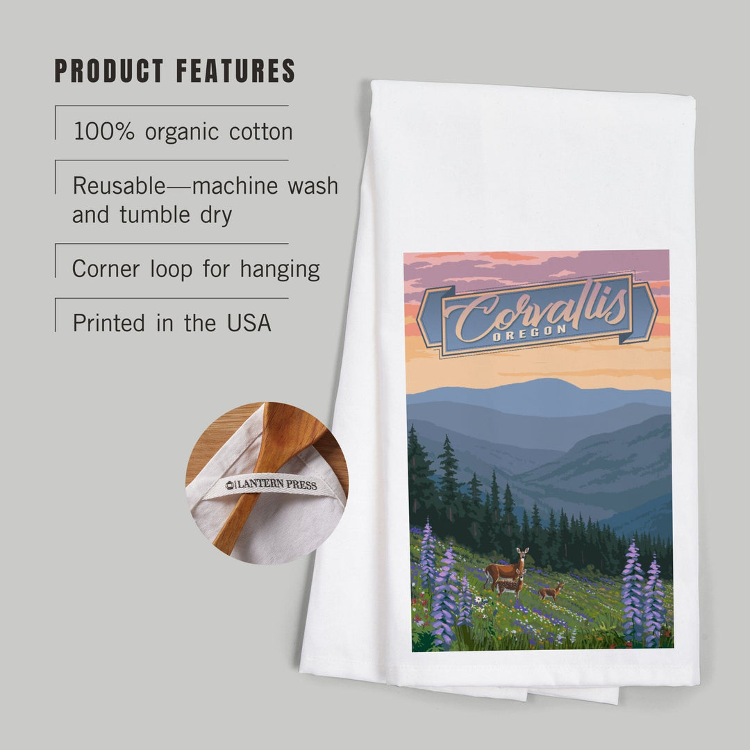Corvallis, Oregon, Deer and Spring Flowers, Organic Cotton Kitchen Tea Towels Kitchen Lantern Press 