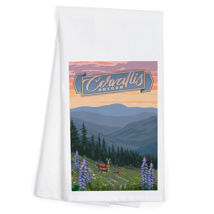 Corvallis, Oregon, Deer and Spring Flowers, Organic Cotton Kitchen Tea Towels Kitchen Lantern Press 