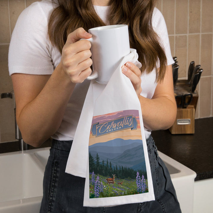 Corvallis, Oregon, Deer and Spring Flowers, Organic Cotton Kitchen Tea Towels Kitchen Lantern Press 
