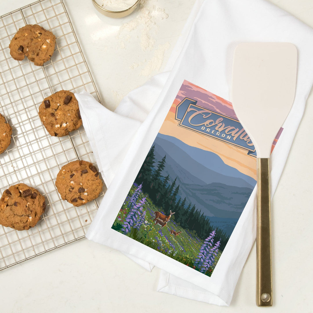 Corvallis, Oregon, Deer and Spring Flowers, Organic Cotton Kitchen Tea Towels Kitchen Lantern Press 