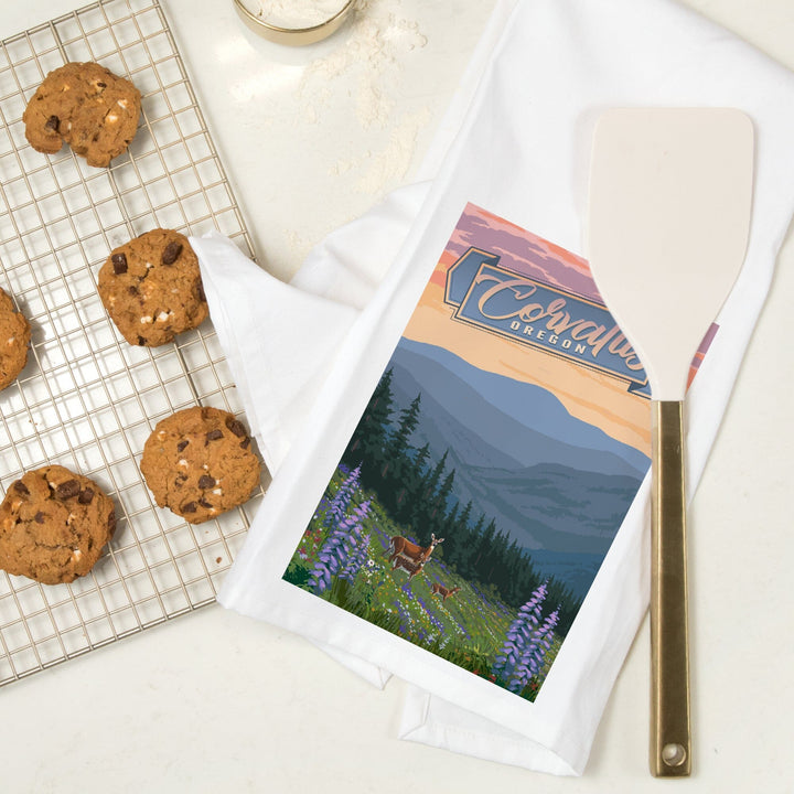 Corvallis, Oregon, Deer and Spring Flowers, Organic Cotton Kitchen Tea Towels Kitchen Lantern Press 