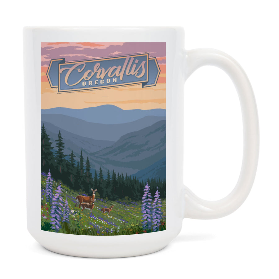 Corvallis, Oregon, Deer & Spring Flowers, Lantern Press Artwork, Ceramic Mug - Lantern Press